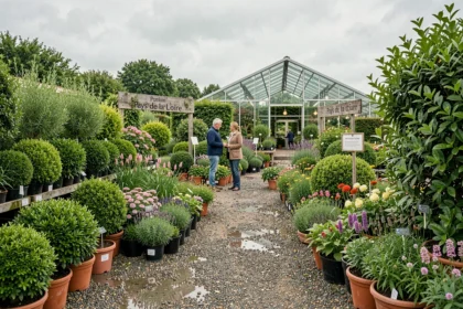 Vue panoramique d'une jardinerie en Pays de la Loire avec allées de plantes en pots et serres en arrière-plan