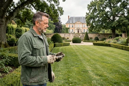 Paysagiste professionnel inspectant un jardin soigné dans l'Oise avec haies taillées et pelouse verdoyante