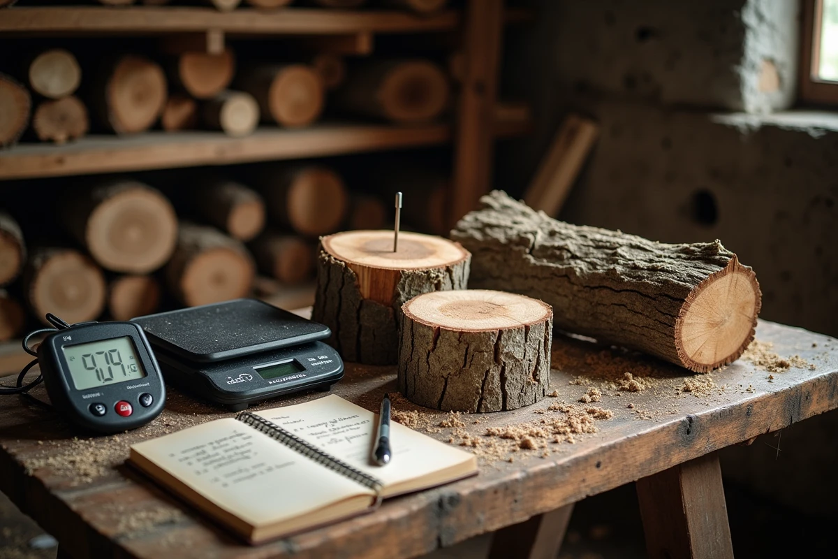 Balance numérique et humidimètre posés sur des bûches de hêtre et de chêne pour mesurer le poids et le taux d'humidité du bois de chauffage