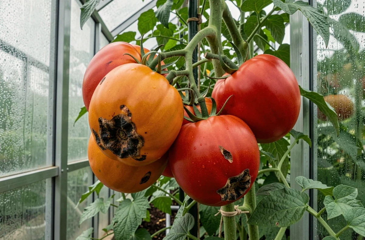 Grappes de tomates sur pied présentant une nécrose apicale avec des taches sombres et enfoncées sur les fruits dans une serre