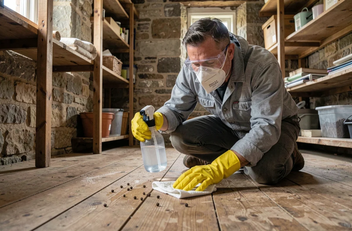Homme nettoyant des crottes de loir sur un plancher en bois avec équipement de protection individuelle dans une remise ancienne