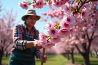 Arbre prunus en fleurs dans un jardin coloré et bien entretenu