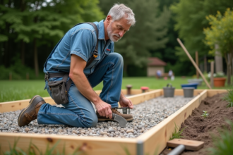 Ouvrier posant la base de gravier pour abri de jardin