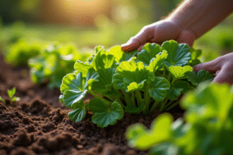Jardinier étalant paillis naturel autour de légumes verts