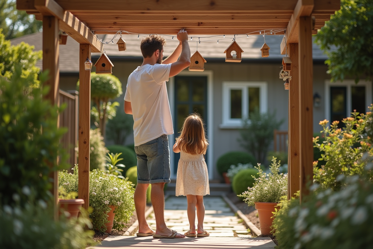 Père et fille accrochant des nichoirs dans le jardin