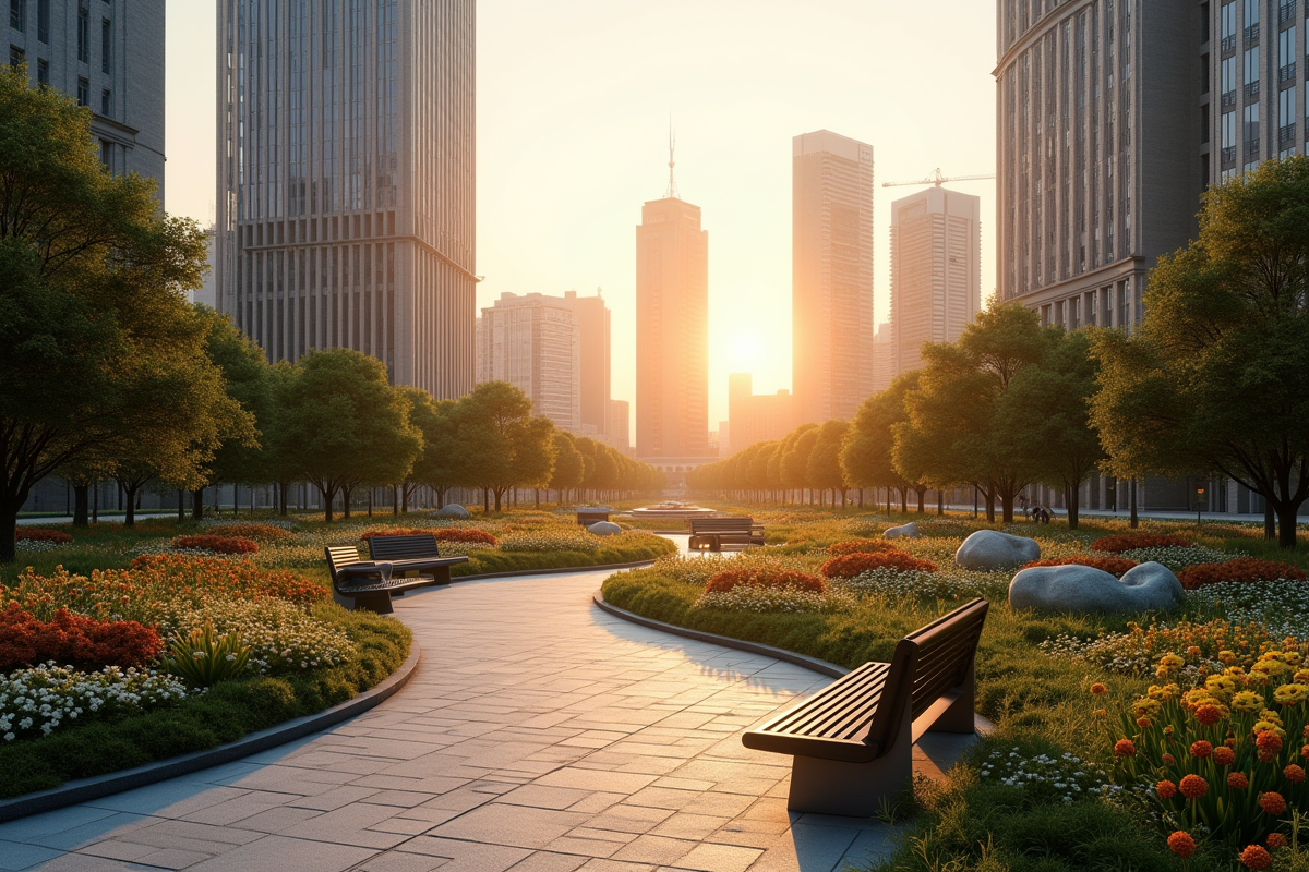 Parc urbain moderne au lever du soleil avec sculptures
