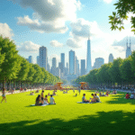 Parc urbain ensoleille avec familles et enfants