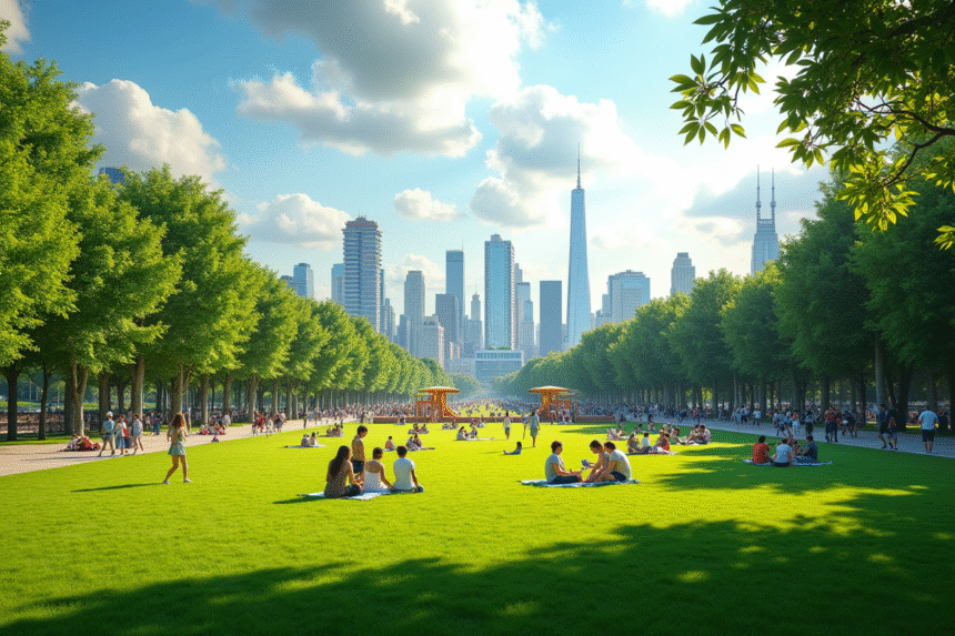 Parc urbain ensoleille avec familles et enfants
