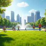 Parc urbain ensoleille avec familles et enfants jouant
