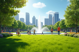 Parc urbain ensoleille avec familles et enfants jouant