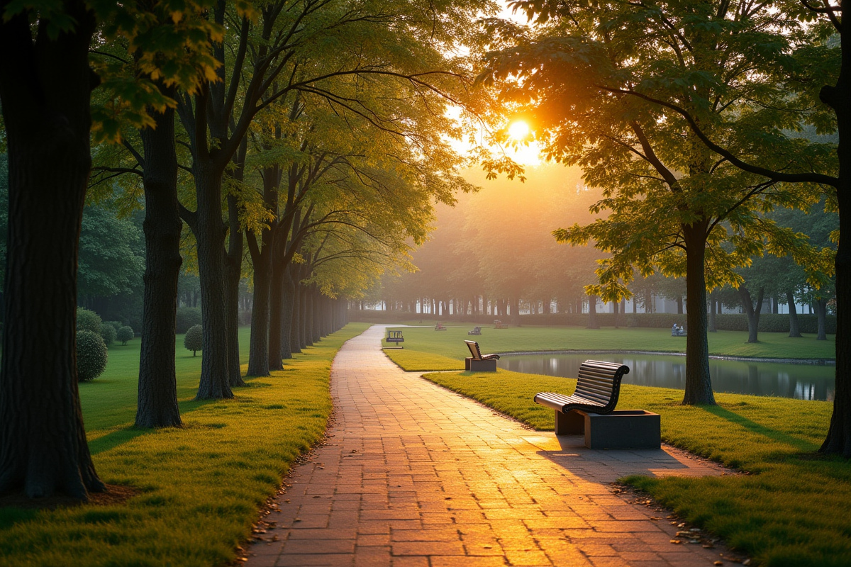 Parc urbain au lever du soleil avec chemins et arbres