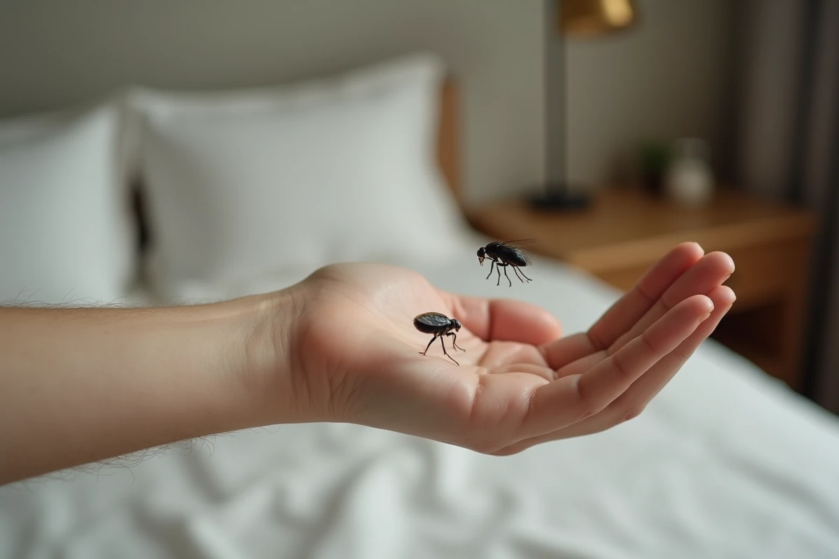 Petite bête noire sautant sur un bras humain, puce en plein saut visible en intérieur sur fond de literie blanche