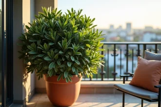 Pittosporum Kohuhu planté dans un grand pot en terre cuite sur un balcon urbain ensoleillé avec vue sur la ville