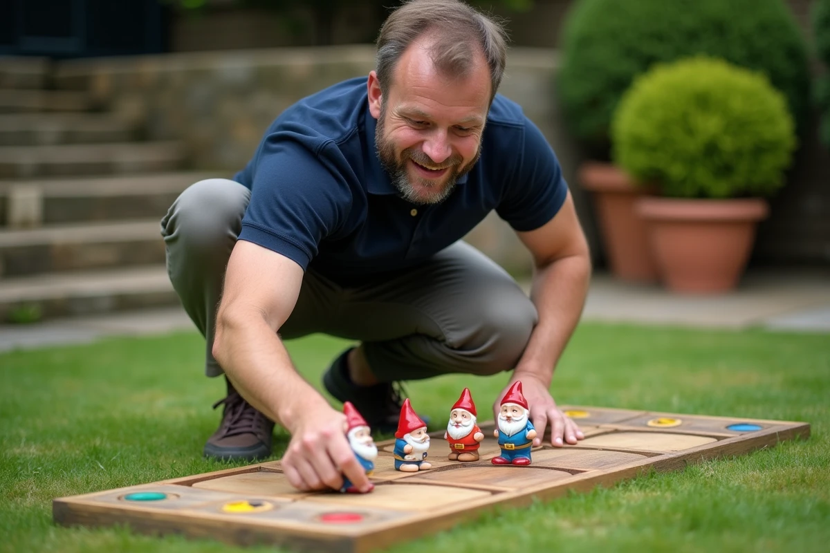 Homme adulte en train de placer stratégiquement une figurine de nain de jardin sur un plateau de jeu en bois dans un jardin