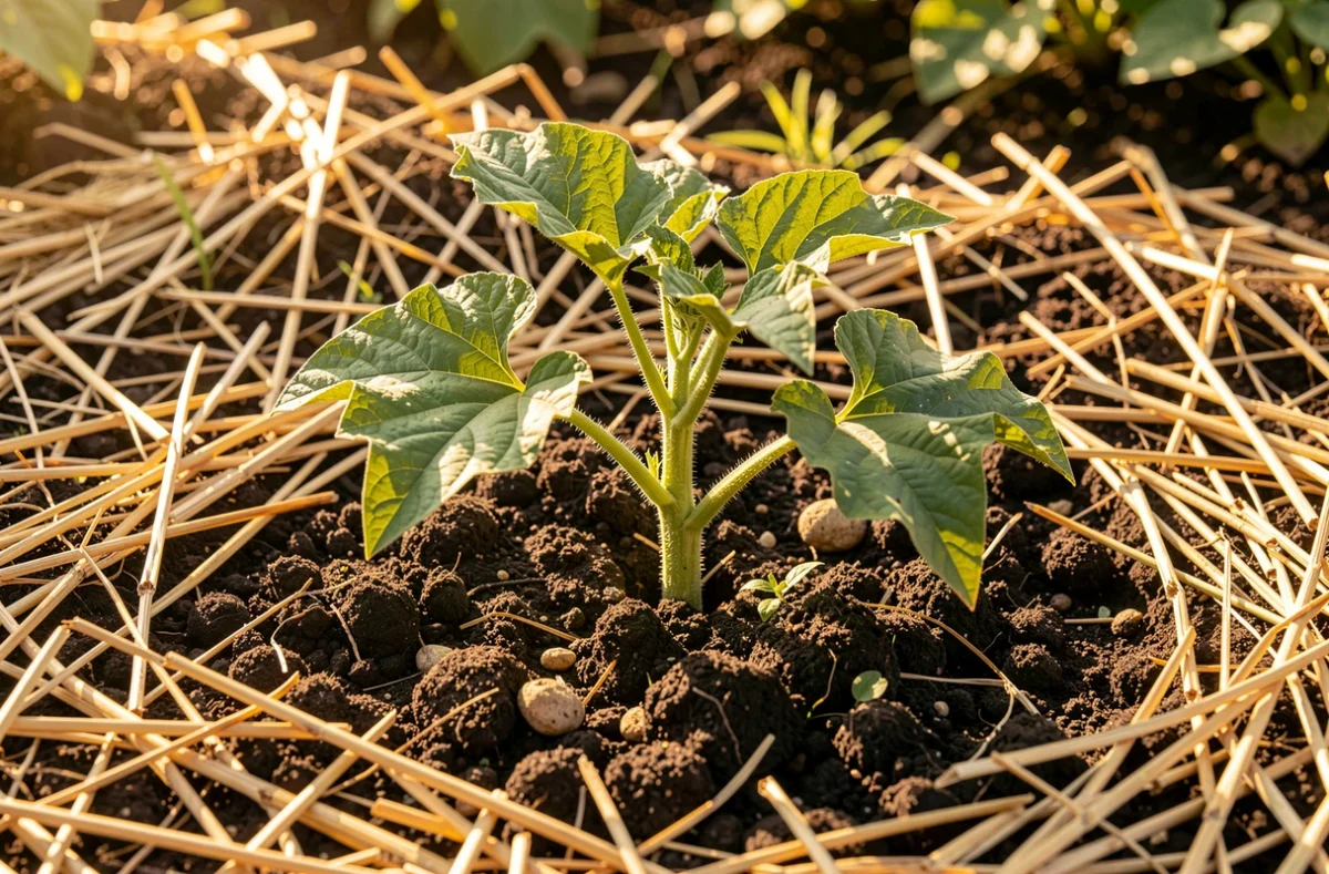 Plant de potiron installé en pleine terre et paillé avec de la paille