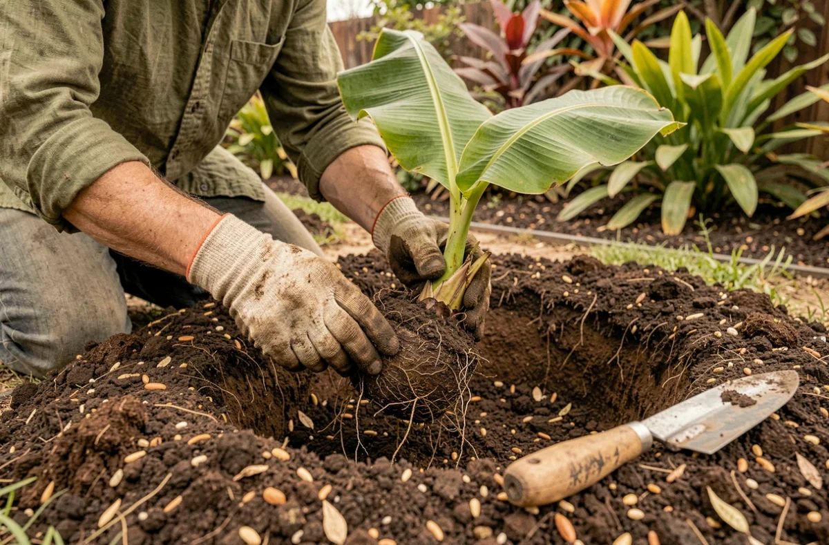 Plantation d'un jeune bananier en pleine terre par un jardinier, préparation du sol et mise en place du plant dans un massif exotique
