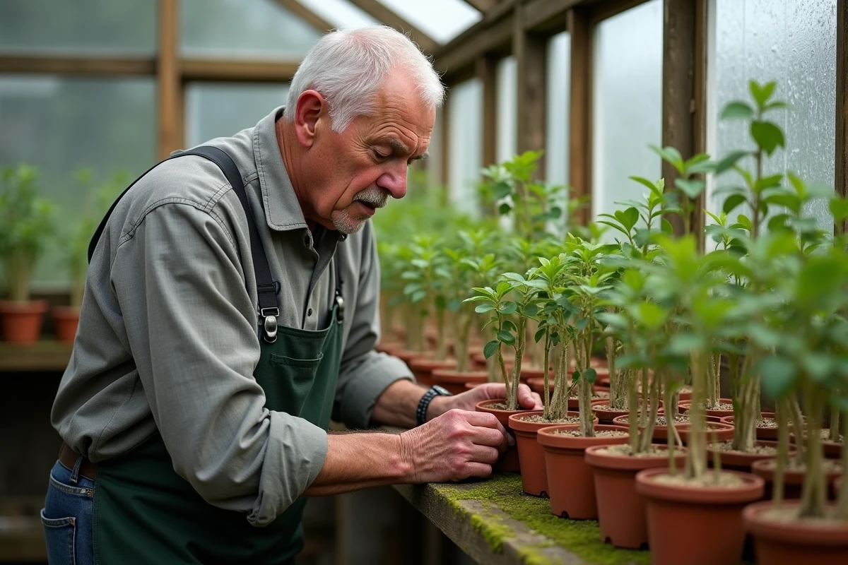 Jardinier expérimenté plantant des boutures de chèvrefeuille dans des pots en terre cuite dans une serre
