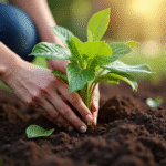 Mains d'une femme plantant un pothos dans la terre