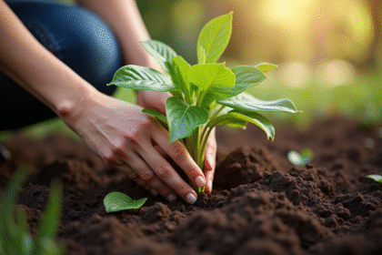Mains d'une femme plantant un pothos dans la terre