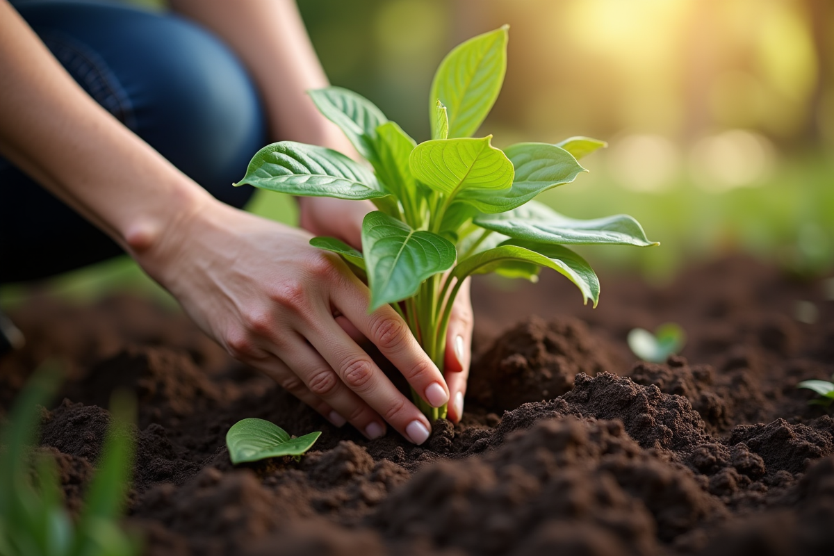 Mains d'une femme plantant un pothos dans la terre