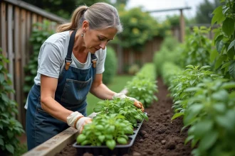 Femme jardinière plantant du basilic entre des tomates dans un potager bio en bois pour repousser les mouches naturellement