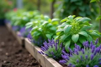 Bordure de lavande et de basilic plantée en protection naturelle autour de légumes dans un potager biologique
