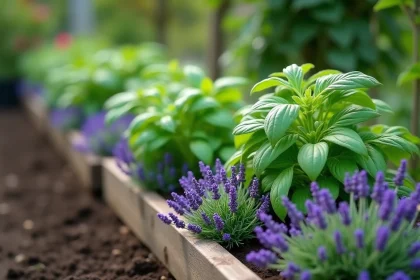 Bordure de lavande et de basilic plantée en protection naturelle autour de légumes dans un potager biologique
