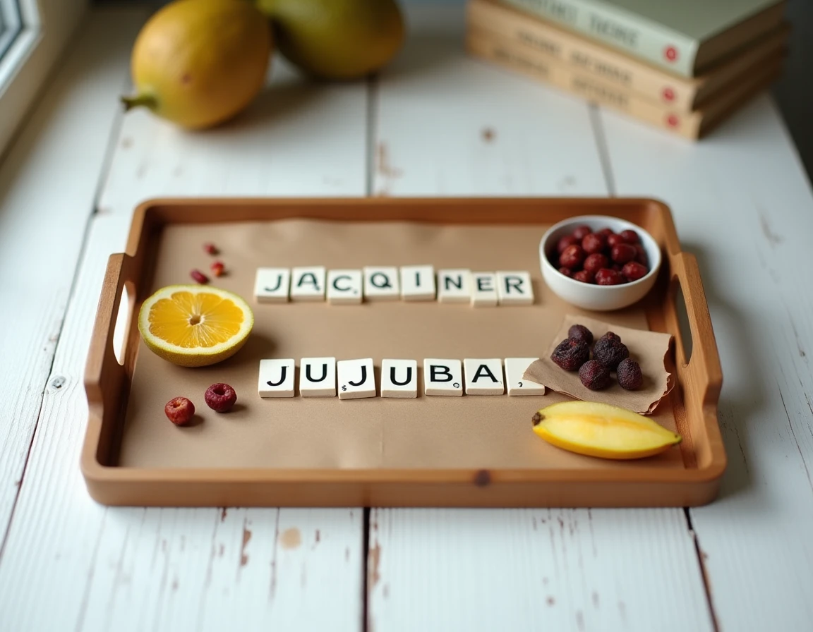 Plateau éducatif avec des cartes de lettres épelant des fruits en J comme jacquier, jujube et jaboticaba accompagnés des fruits correspondants sur un bureau de bibliothèque