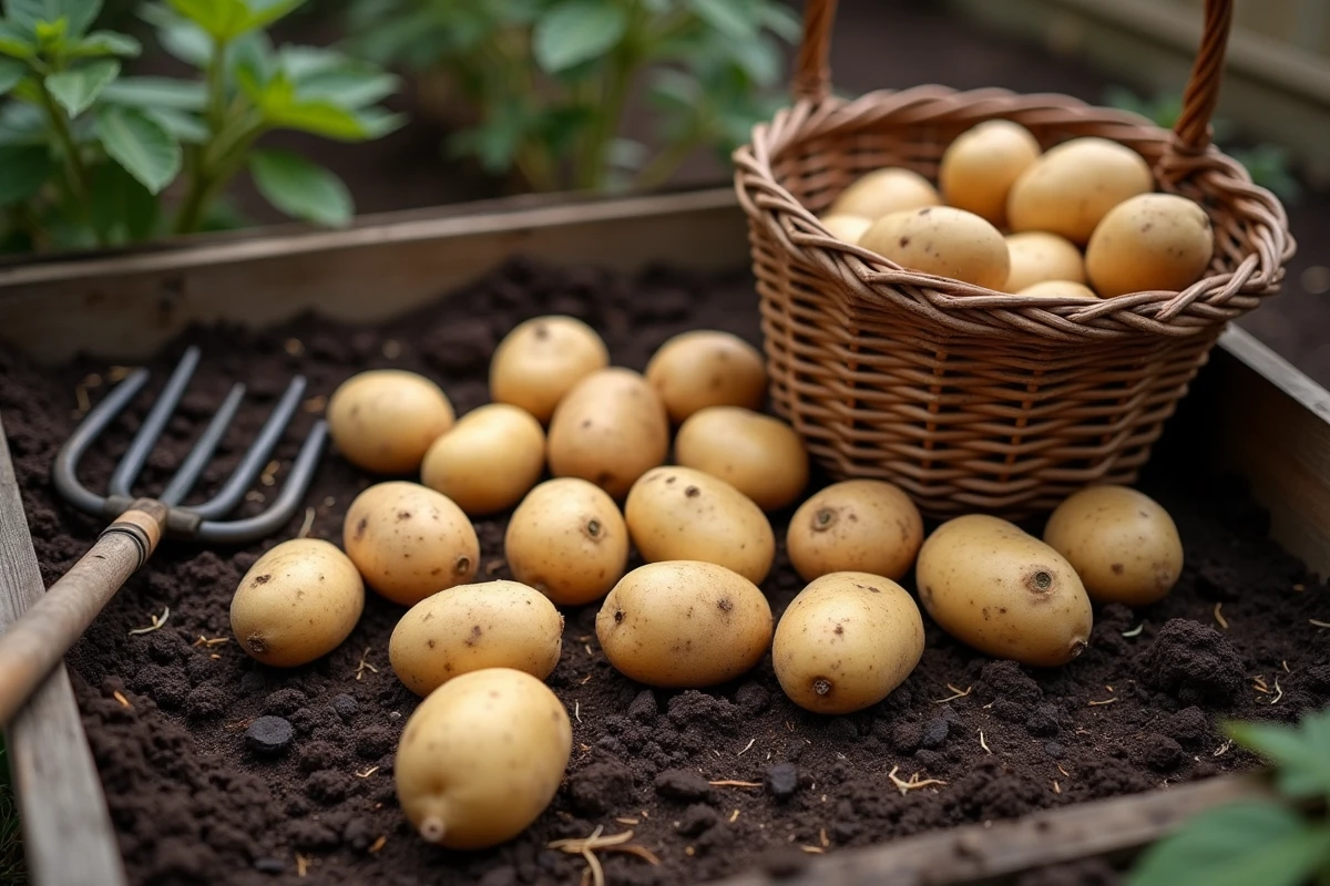 Pommes de terre fraîchement récoltées dans une petite parcelle de jardin potager avec une fourche et un panier en osier