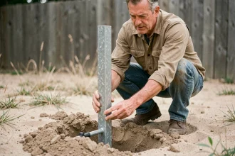 Homme plantant un poteau de grillage sans ciment dans un sol sableux et meuble dans un jardin