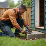 Homme en vêtements de travail fixant une base de shed en béton