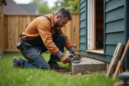 Homme en vêtements de travail fixant une base de shed en béton