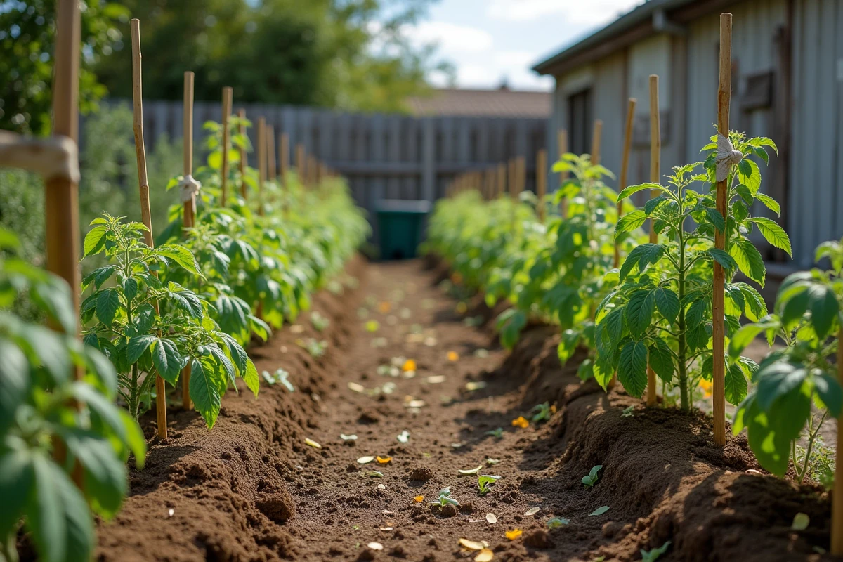 Vue générale d'un potager avec des plants de tomates présentant des feuilles jaunes et des feuilles saines comparées en rang