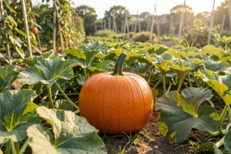 Potiron orange mûr au milieu de grandes feuilles dans un potager