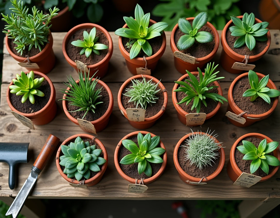 Vue du dessus de pots de plantes aromatiques répulsives aux mouches alignés sur une table de jardinage en bois