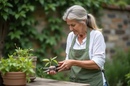 Femme jardinière qui prépare une bouture de chèvrefeuille avec un sécateur sur un établi de jardin en bois