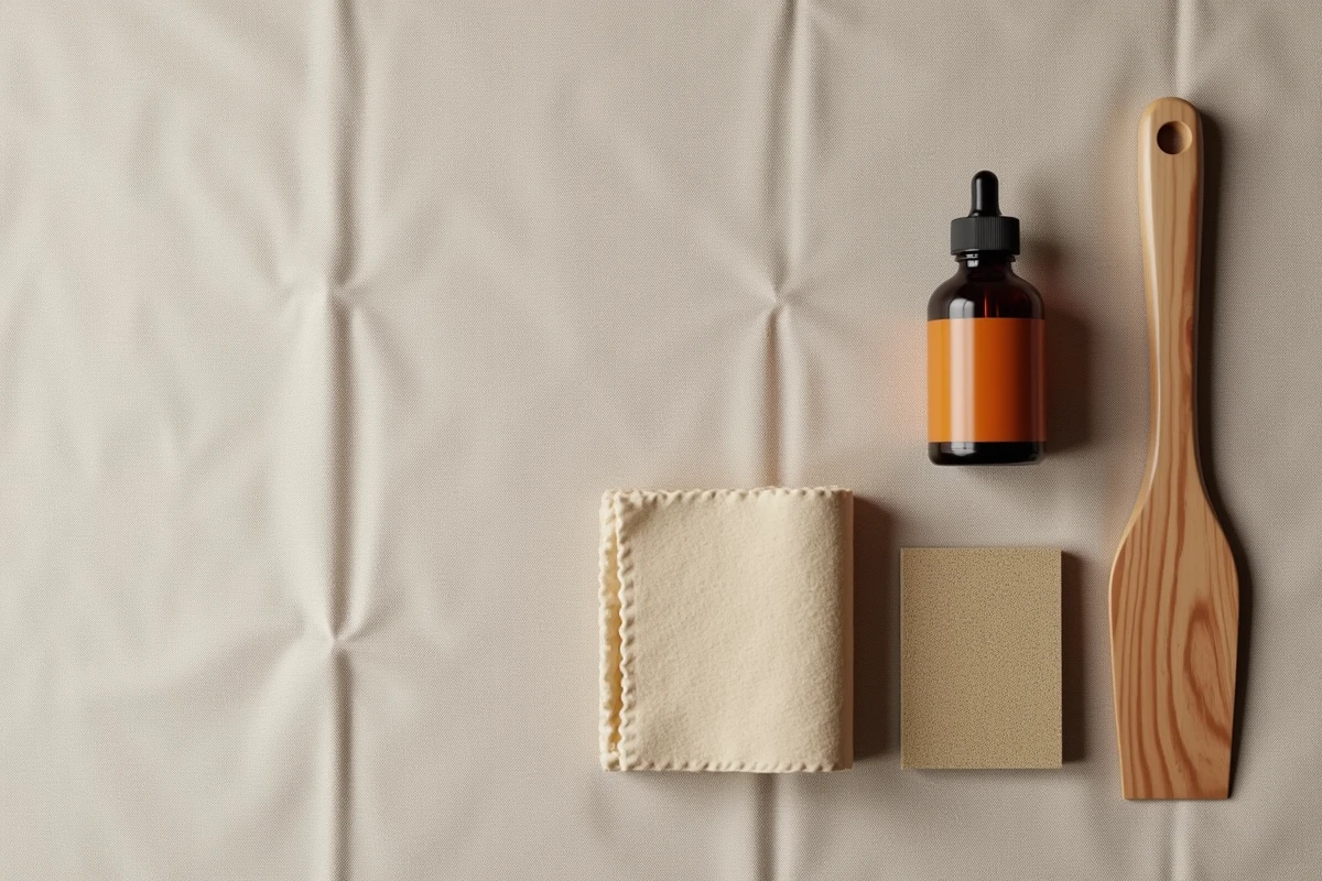 Produits pour entretenir le teck d'intérieur : huile, chiffon, papier de verre disposés en flat lay