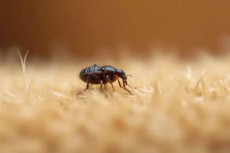 Gros plan macro d'une puce noire sur des poils d'animal domestique, insecte parasite sauteur visible en détail