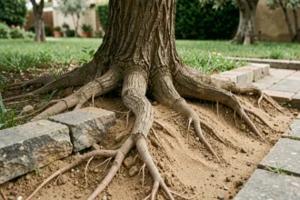 Racines apparentes d'un olivier soulevant les bordures d'un petit jardin urbain