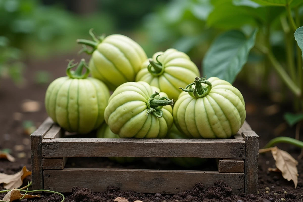 Christophines fraîchement récoltées posées sur une caisse en bois dans un jardin potager tropical aux sols riches