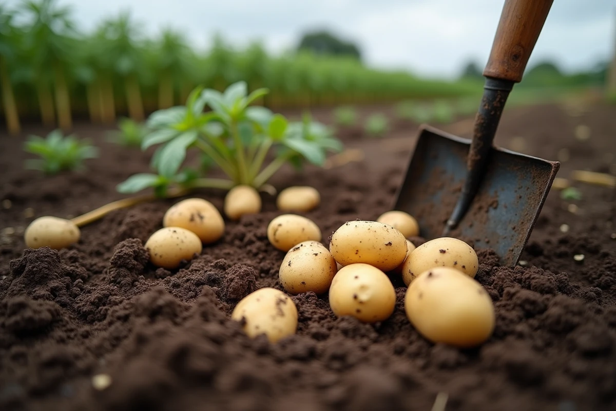 Récolte de pommes de terre fraîchement déterrées dans un jardin potager avec une bêche en bois