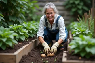 Femme qui récolte des pommes de terre à la main dans un petit potager en carré avec des rangées serrées