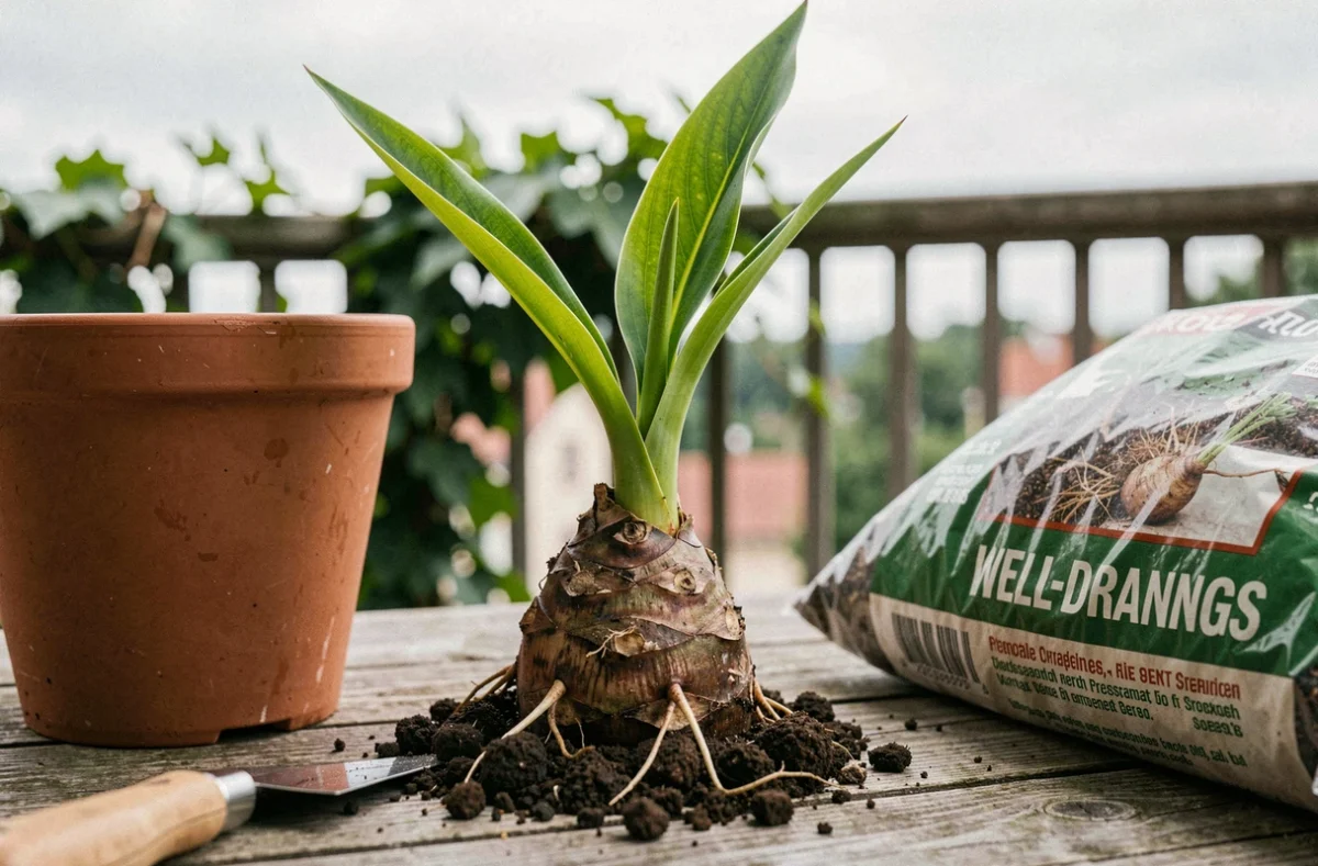 Gros plan sur un rejet de bananier, un pot et des outils de jardinage sur une table en bois de balcon