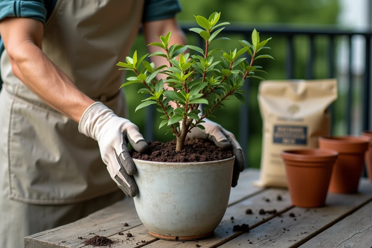 Personne en tablier de jardinage rempotant un jeune Pittosporum Kohuhu dans un pot en ciment sur un balcon