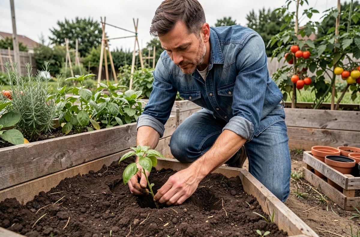 Homme replantant une bouture de basilic enracinée dans un carré potager surélevé en bois dans un jardin