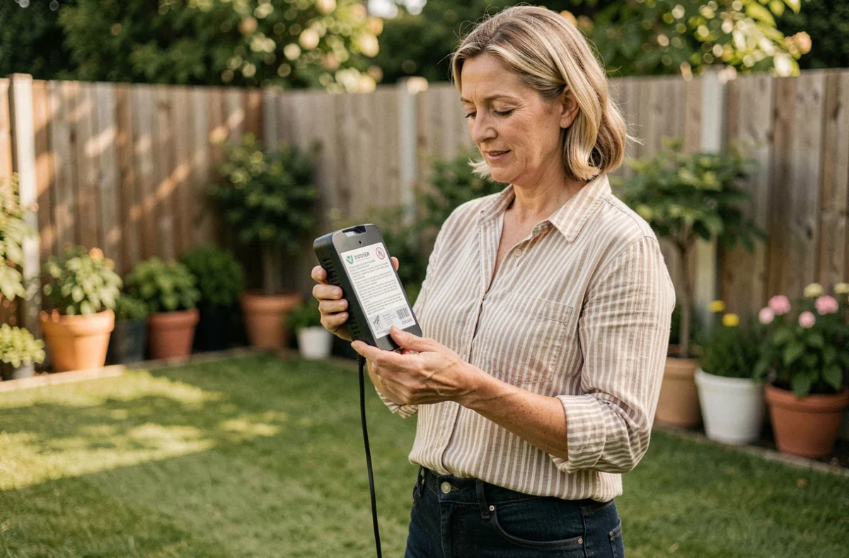 Femme utilisant un répulsif écologique à vibrations solaires pour éloigner les taupes sans les tuer