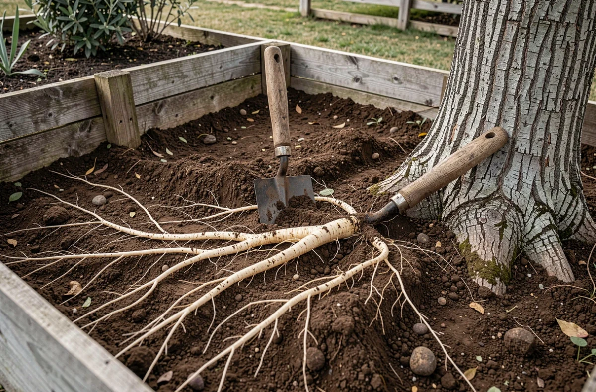 Coupe transversale du sol révélant le réseau de racines d'un olivier en jardin clos