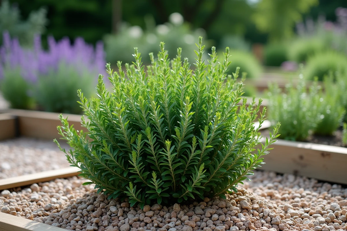 Jeune sauge arbustive bien taillée en forme arrondie dans un carré d'herbes aromatiques avec paillis de gravier, vue d'ensemble du jardin potager