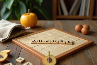 Plateau de Scrabble en bois avec des tuiles épelant le mot JUJUBE entouré de fruits jujube frais sur une table en chêne