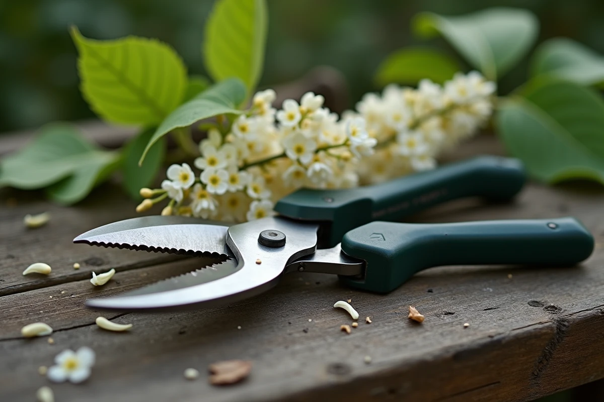 Gros plan sur un sécateur et une coupe nette sur une branche de lilas du Japon posée sur un établi de jardin